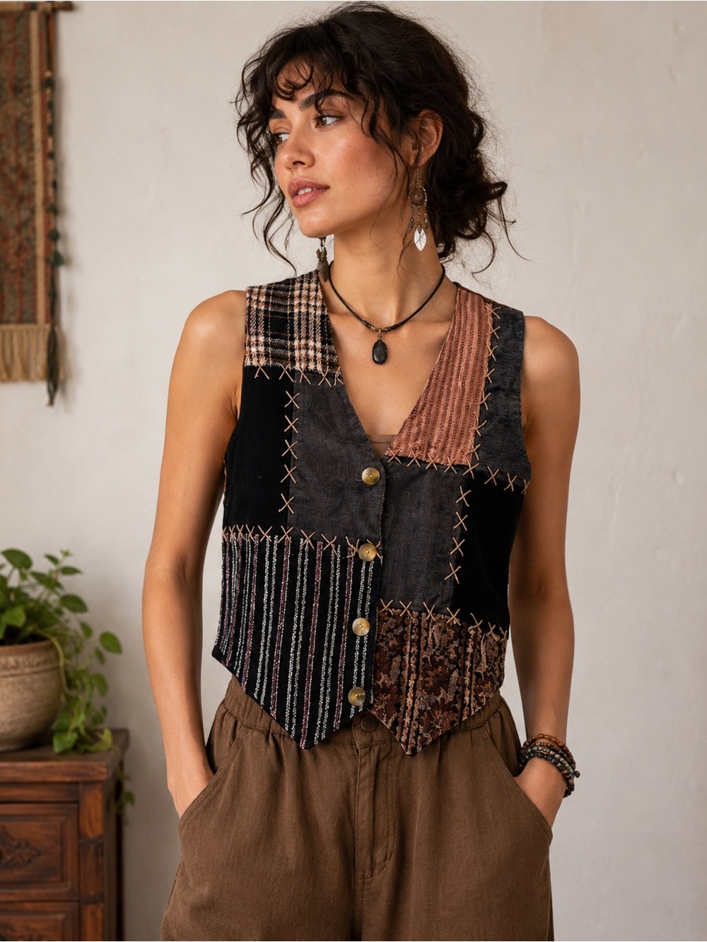 NU-I.D Clothing Patchwork Boho Vest M Handmade India Cotton Artisan Button Front